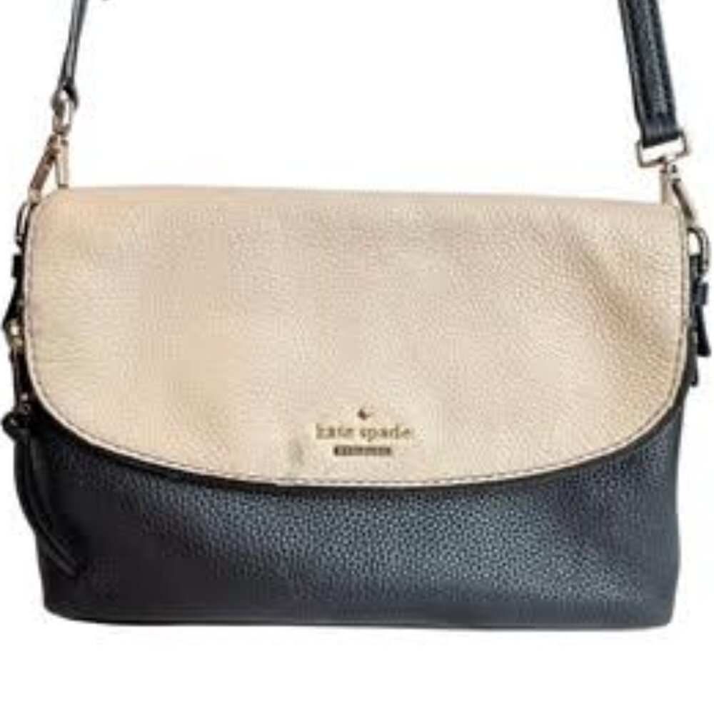 Kate Spade Black & Cream Pebbled Leather Shoulder Bag Crossbody Adjustable Strap - Picture 3 of 13